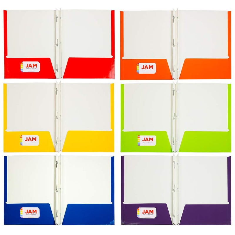 JAM Paper Laminated Two Pocket Glossy Folders with Metal Prongs Fastener Clasps - Assorted Primary Colors - 6/Pack - Image 3